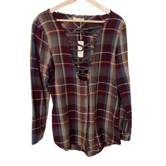 Gilded Intent Tops - Gilded Intent Plaid Distressed Button Up Crisscross Flannel